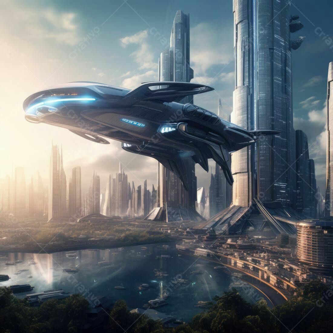 Nave espacial futurista sobre cidade moderna