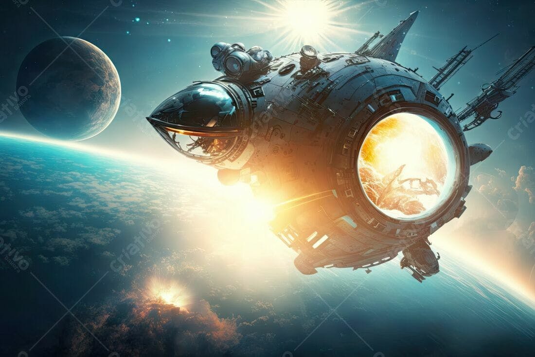 Nave espacial sobre planeta azul e laranja