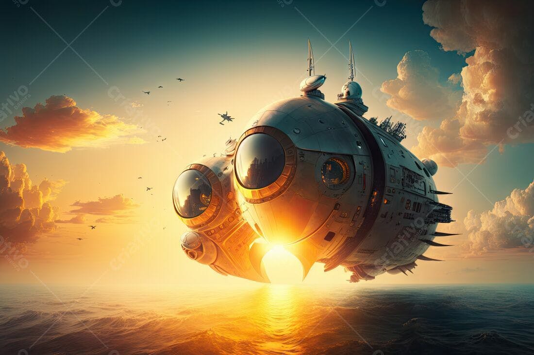 Nave espacial futurista no pôr do sol
