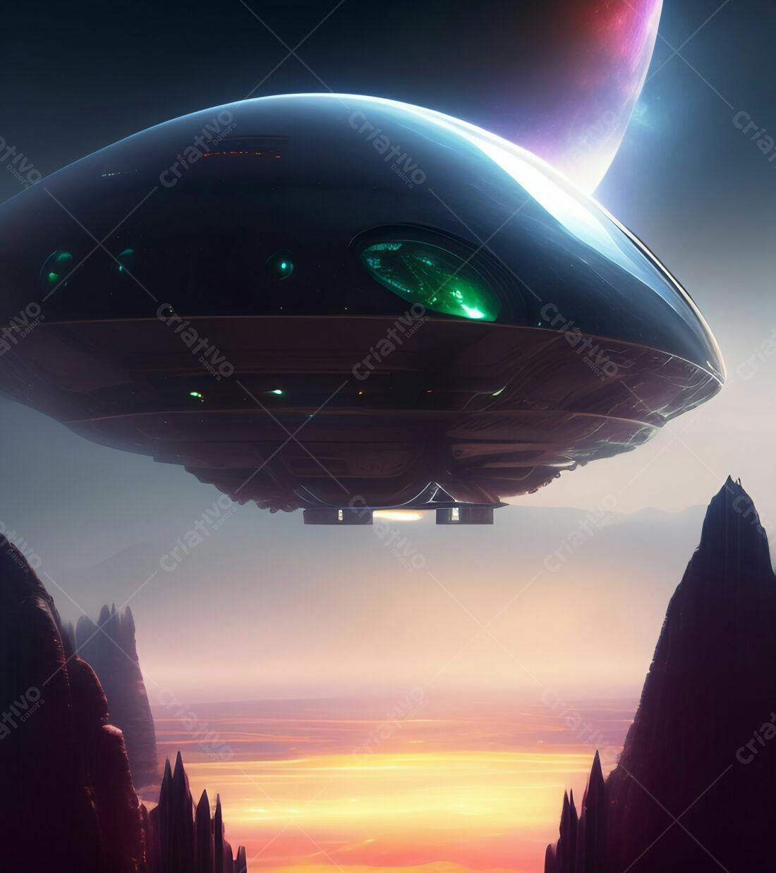 Nave espacial sobre paisagem alienígena ao pôr do sol