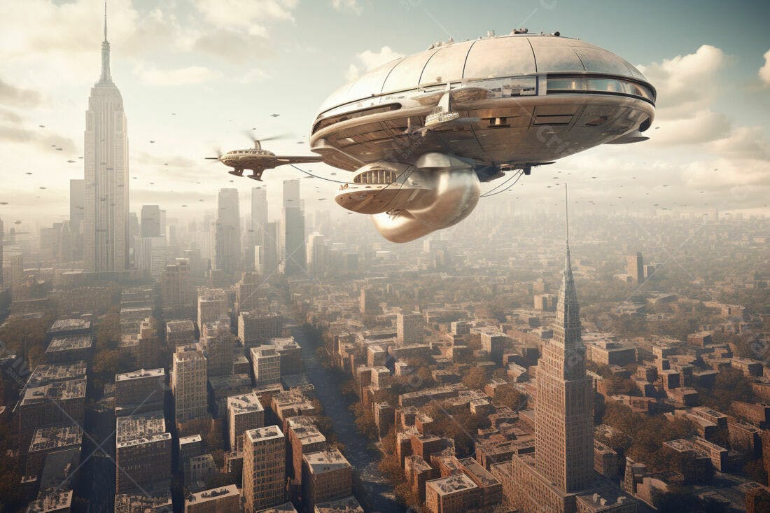 Dirigível futurista sobre Nova York
