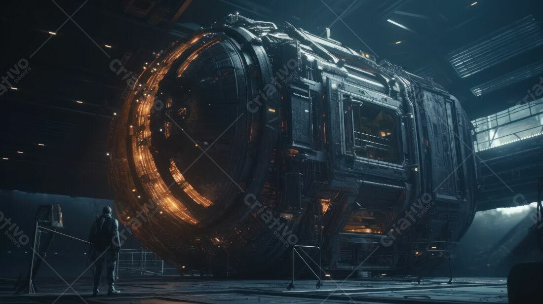 Nave espacial futurista em hangar escuro