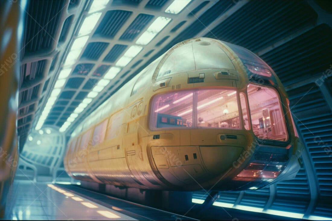 Trem futurista amarelo em estação espacial