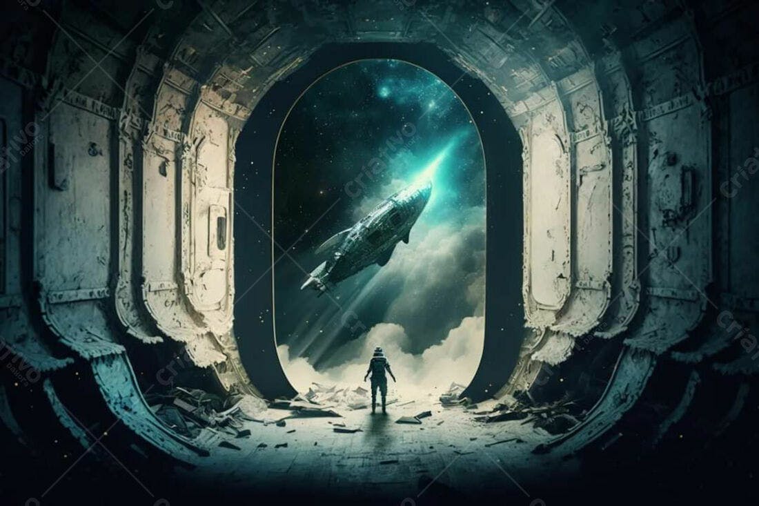 Astronauta observando nave espacial no espaço