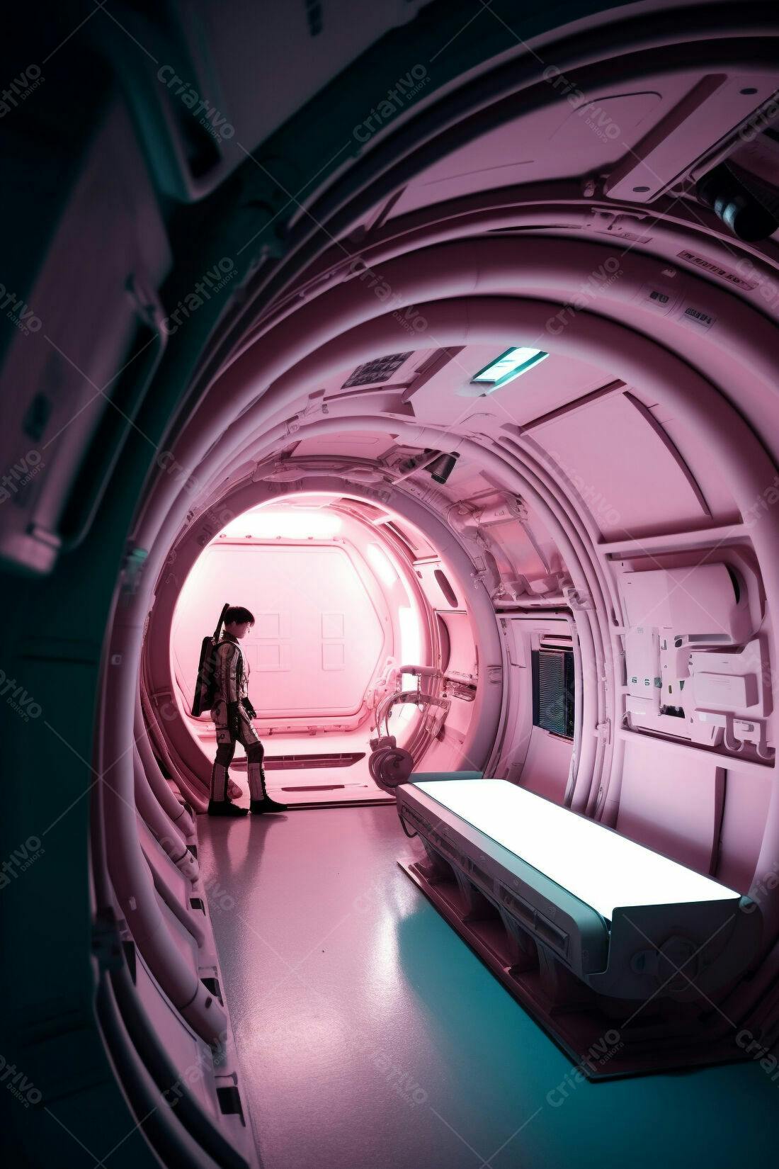 Astronauta em corredor futurista rosa