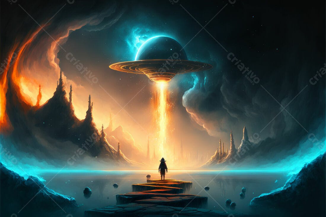 Figura contemplando nave espacial em paisagem fantástica