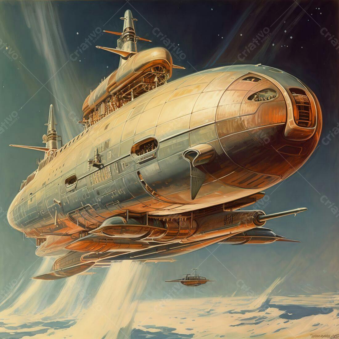 Submarino espacial dourado e cinza voando