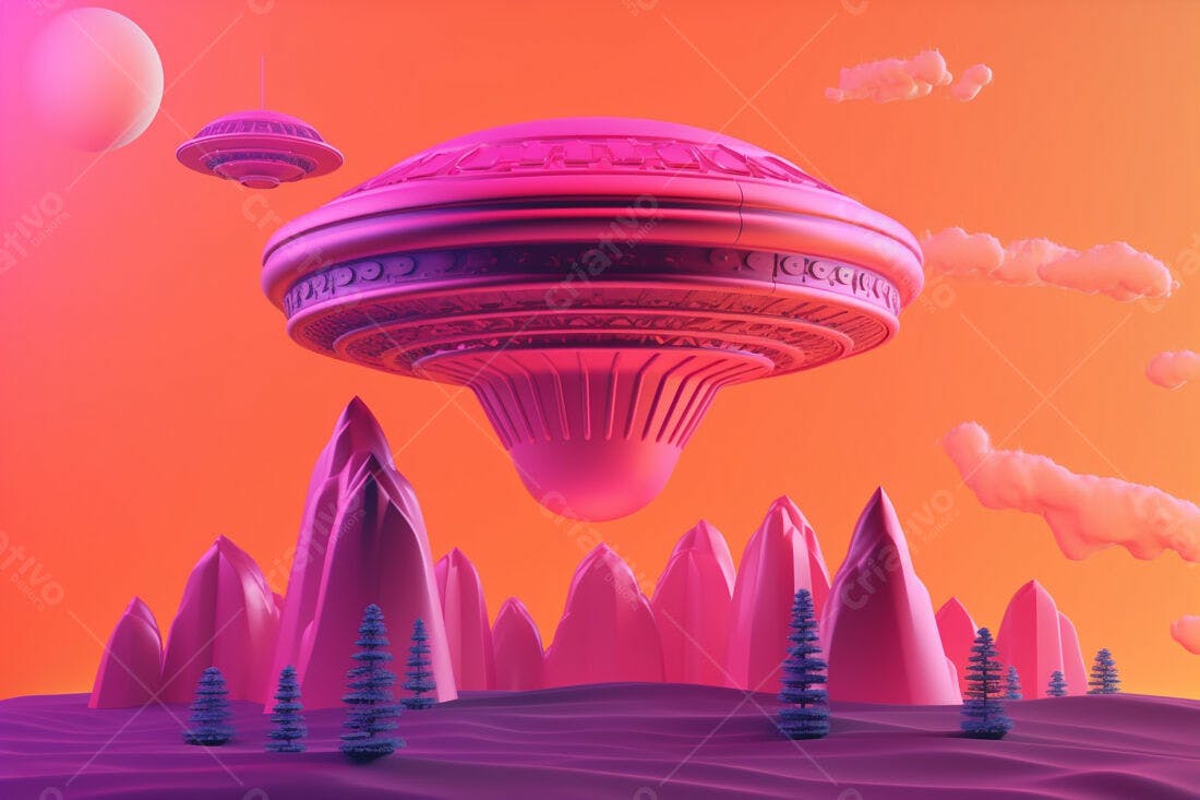 Nave espacial sobre paisagem roxa e laranja