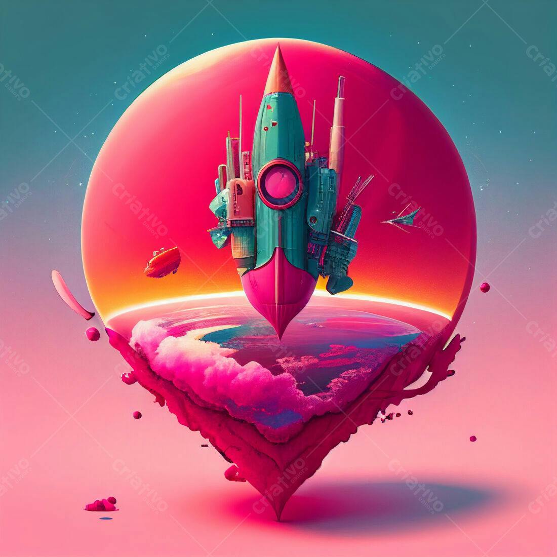 Nave espacial futurista sobre planeta rosa