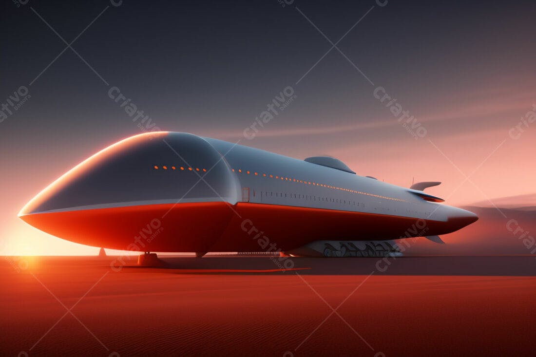 Nave espacial futurista no deserto ao entardecer