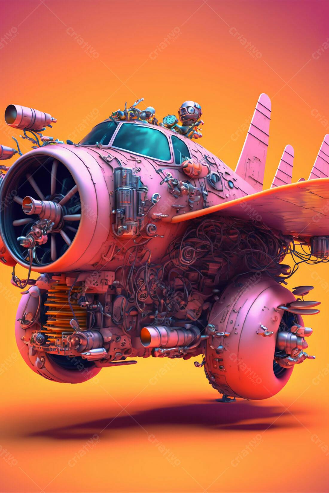 Avião steampunk rosa sobre fundo laranja