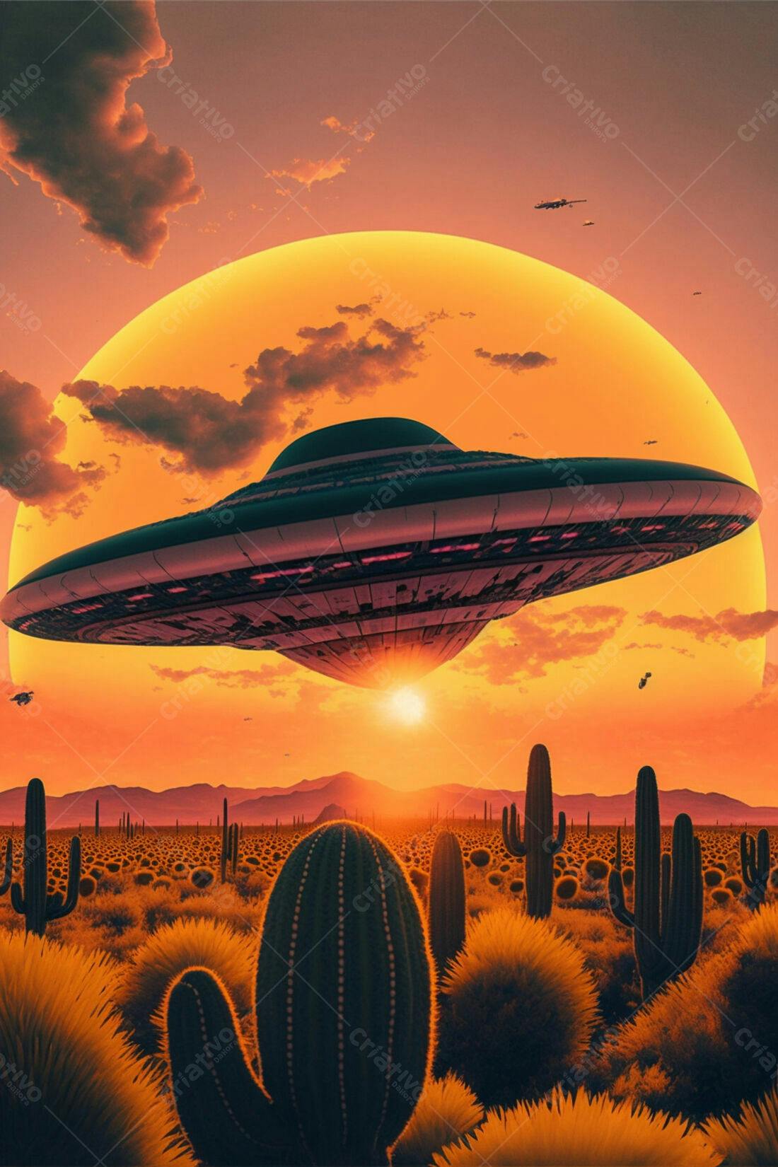 OVNI sobre deserto ao pôr do sol