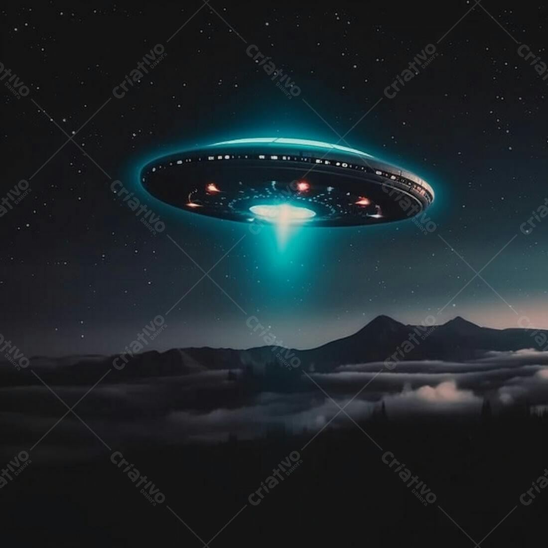 OVNI sobre montanhas nebulosas noturnas