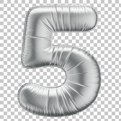 Número 5 Em 3D Formato De Balão Prata Comemoração Aniversario Luxo Fundo Transparente