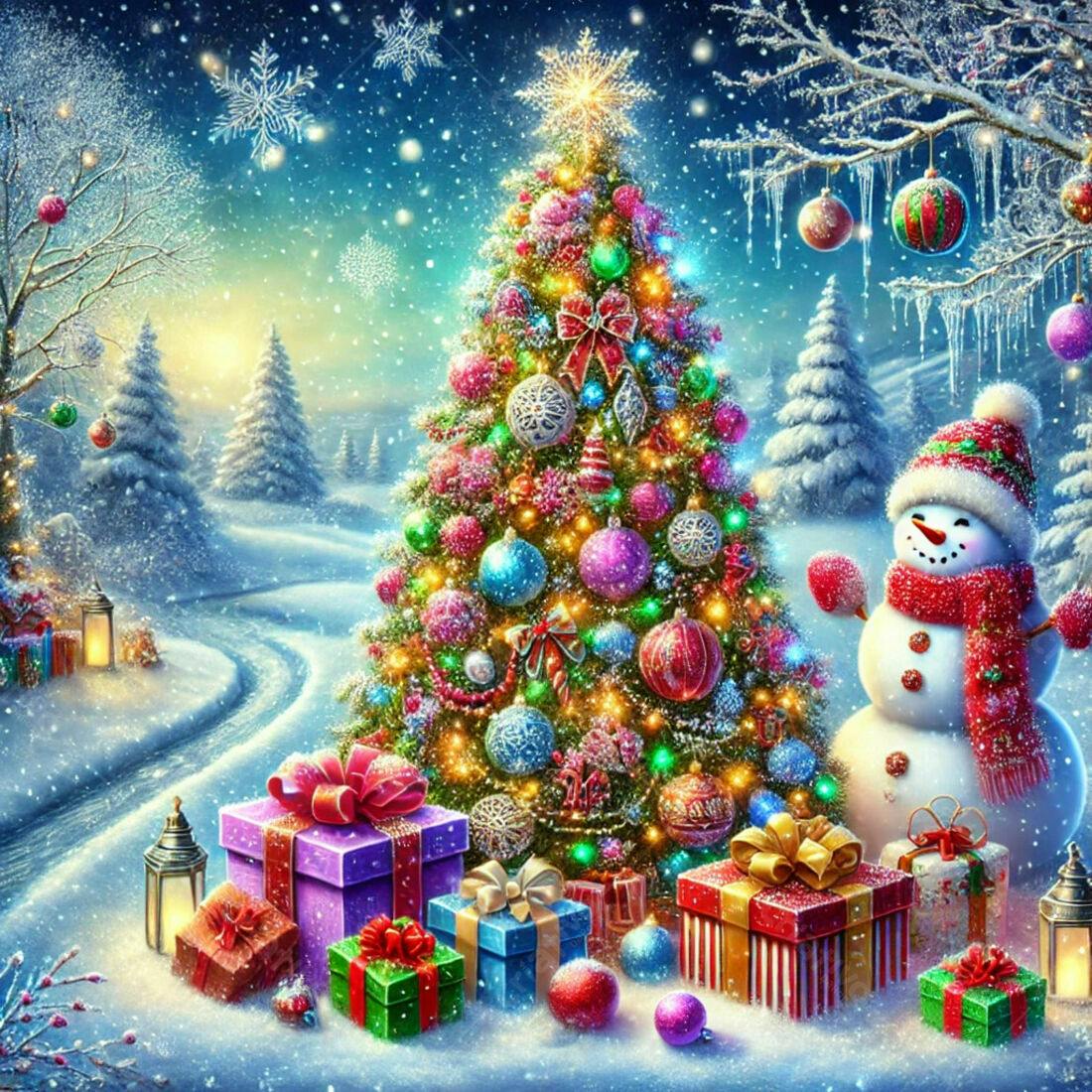 Árvore de Natal nevada com boneco de neve e presentes