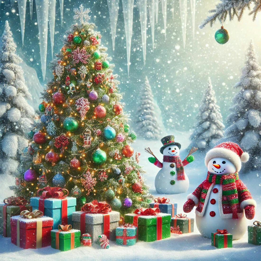 Árvore de Natal com Bonecos de Neve e Presentes