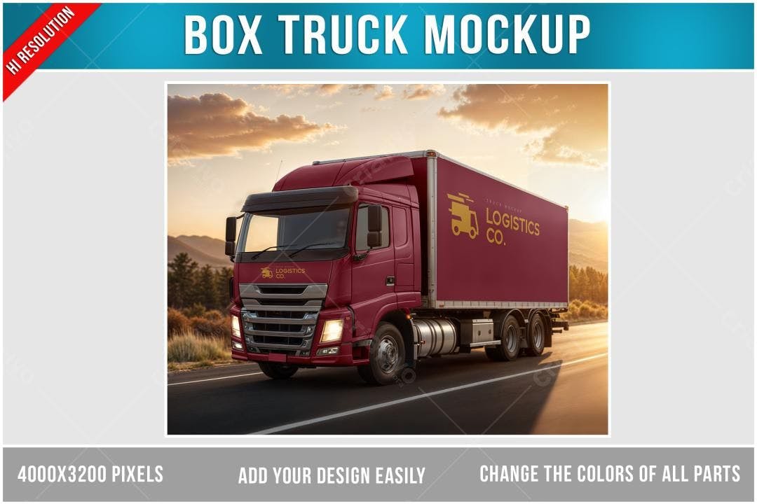 Mockup Caminhão Baú Vermelho: Design Realista para Logística