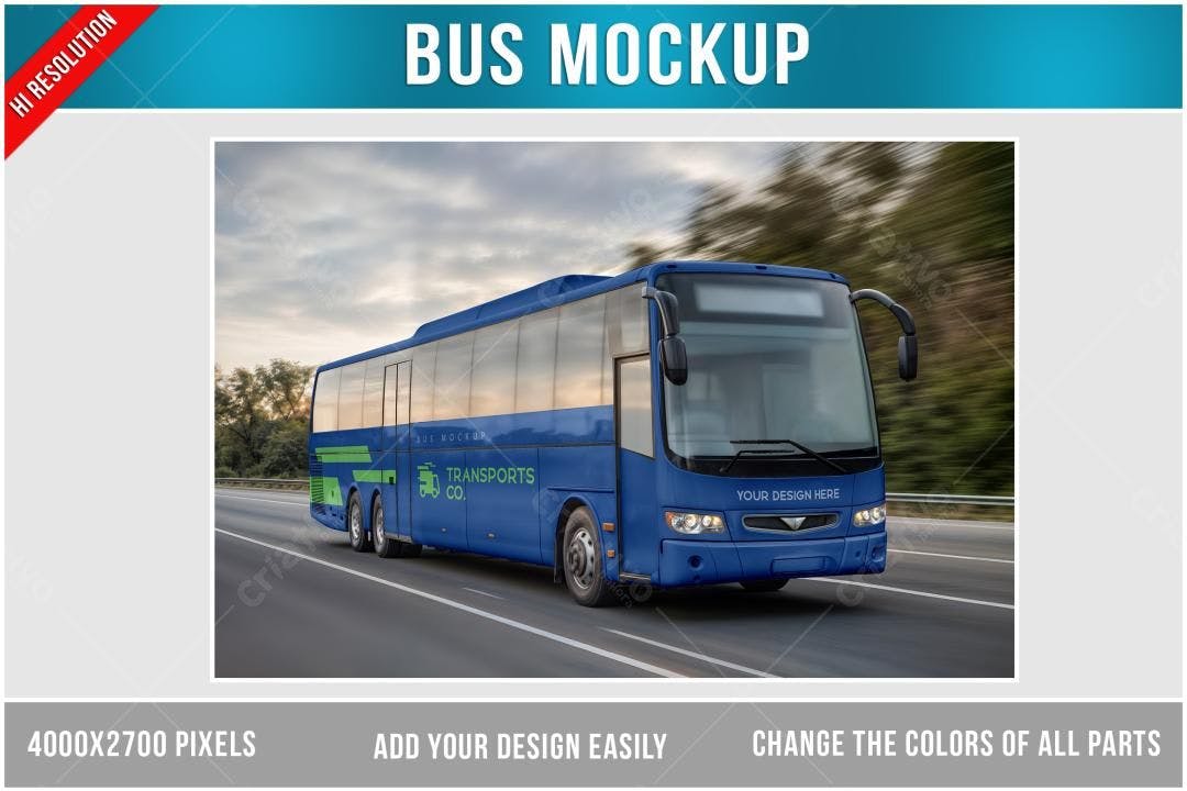 Mockup Realista de Ônibus Azul em Alta Velocidade