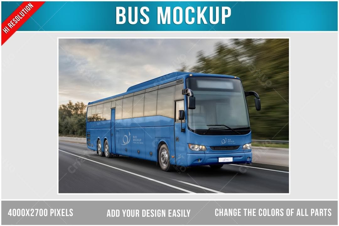 Mockup de Ônibus Azul Realista em Alta Velocidade