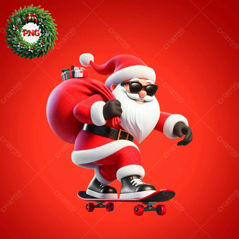 Papai Noel Encima De Um Skate Com Óculos Preto Saco Vermelho Nas Costas E Feliz 3D Psd Editável