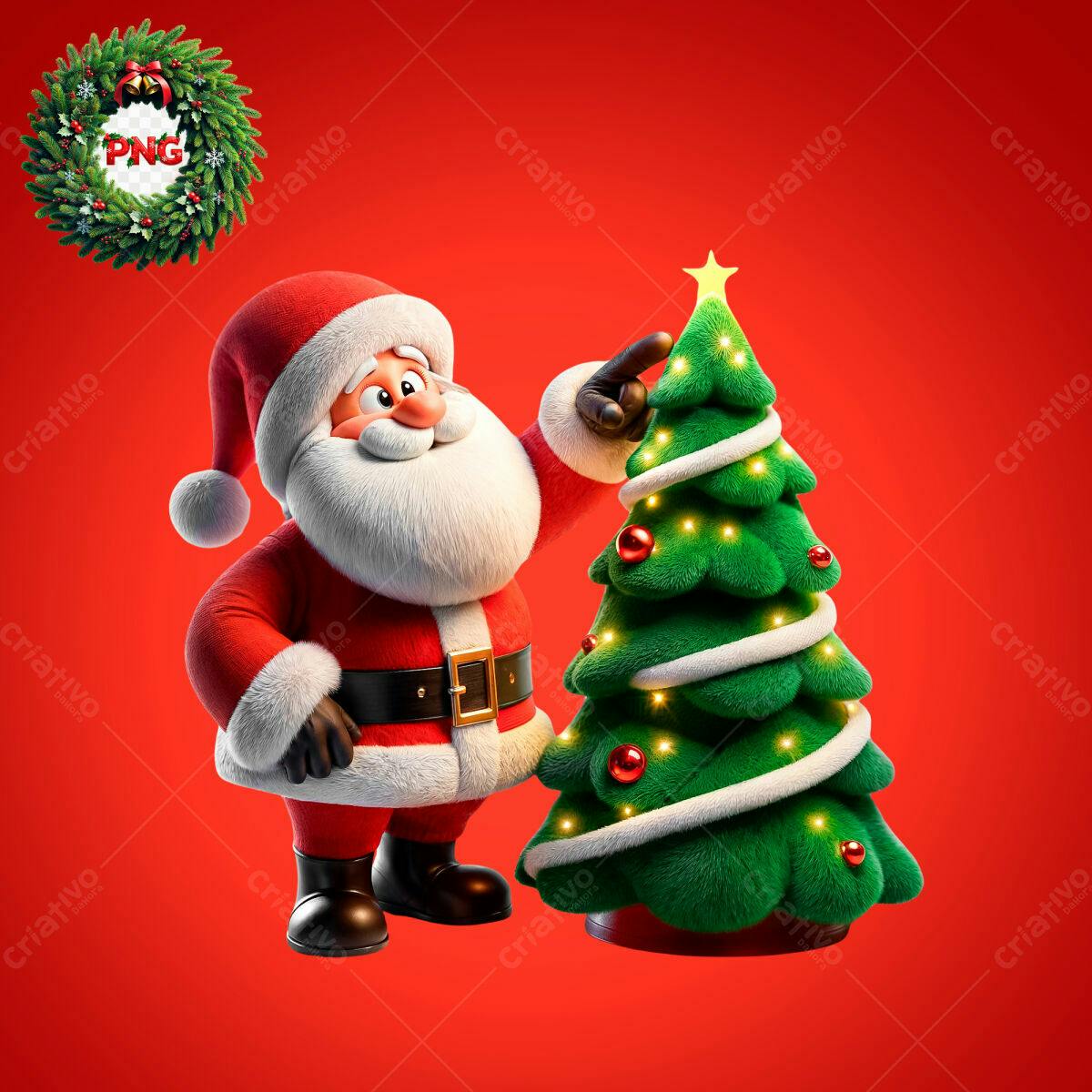 Ilustração Natalina Papai Noel e Árvore PSD Editável