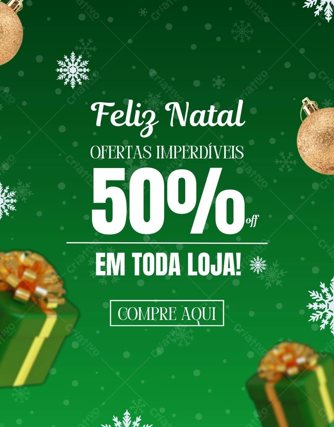 Post Instagram Natal 50% off verde e dourado Editável no Canva