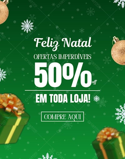 Post Instagram Natal 50% off verde e dourado Editável no Canva