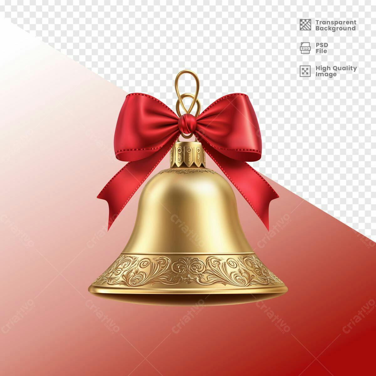 Sino de Natal Dourado com Laço Vermelho PSD Editável
