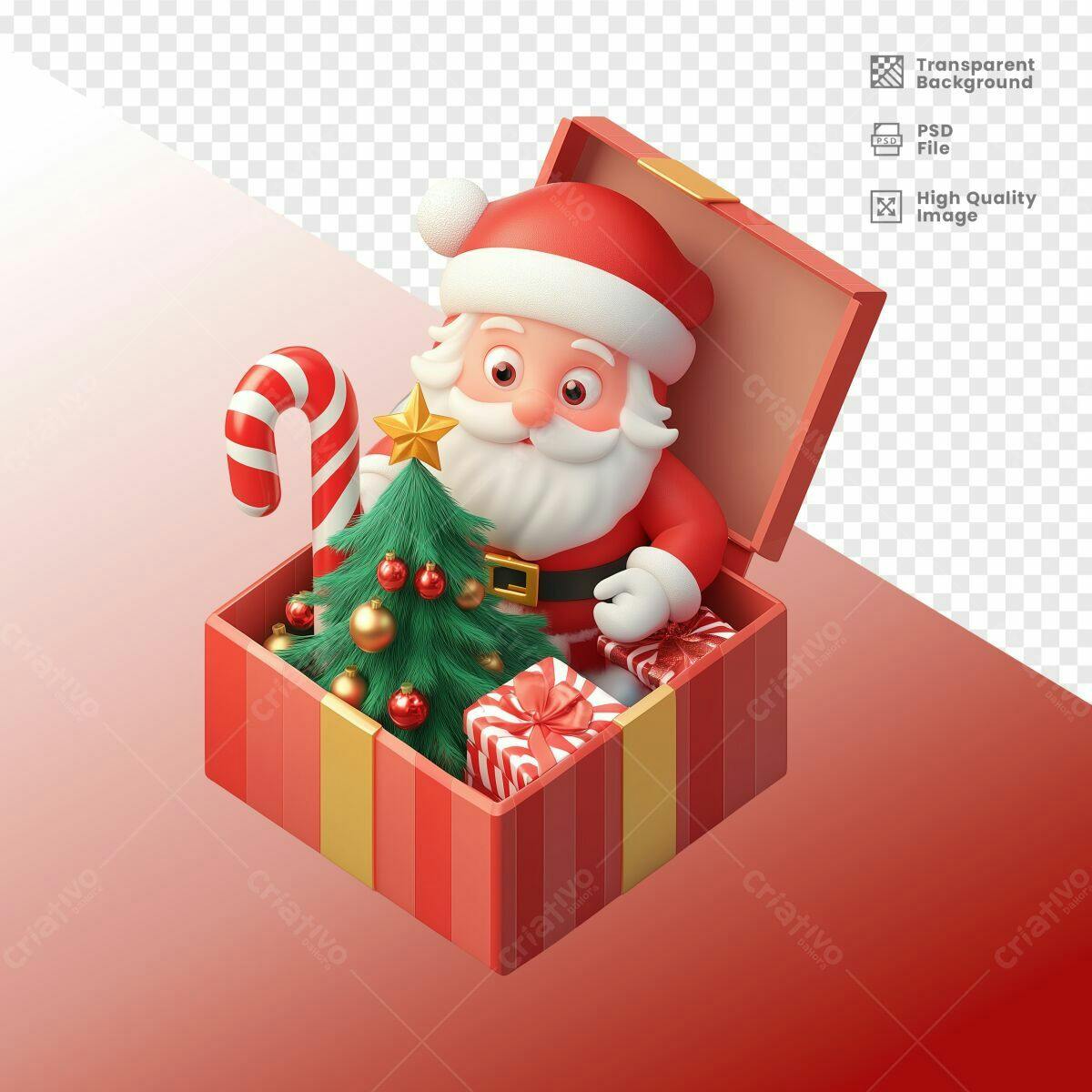 Ilustração Natalina Papai Noel em Caixa de Presente PSD Editável