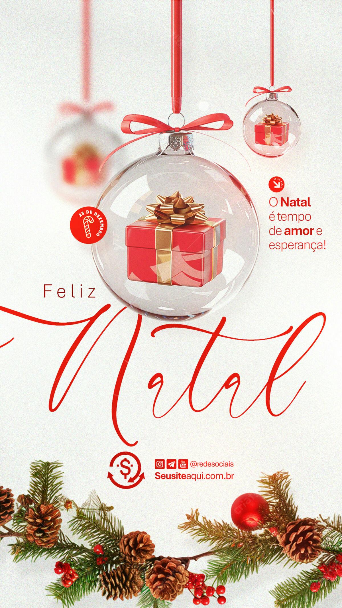 Arte de Natal com Presente em Bola de Vidro PSD Editável