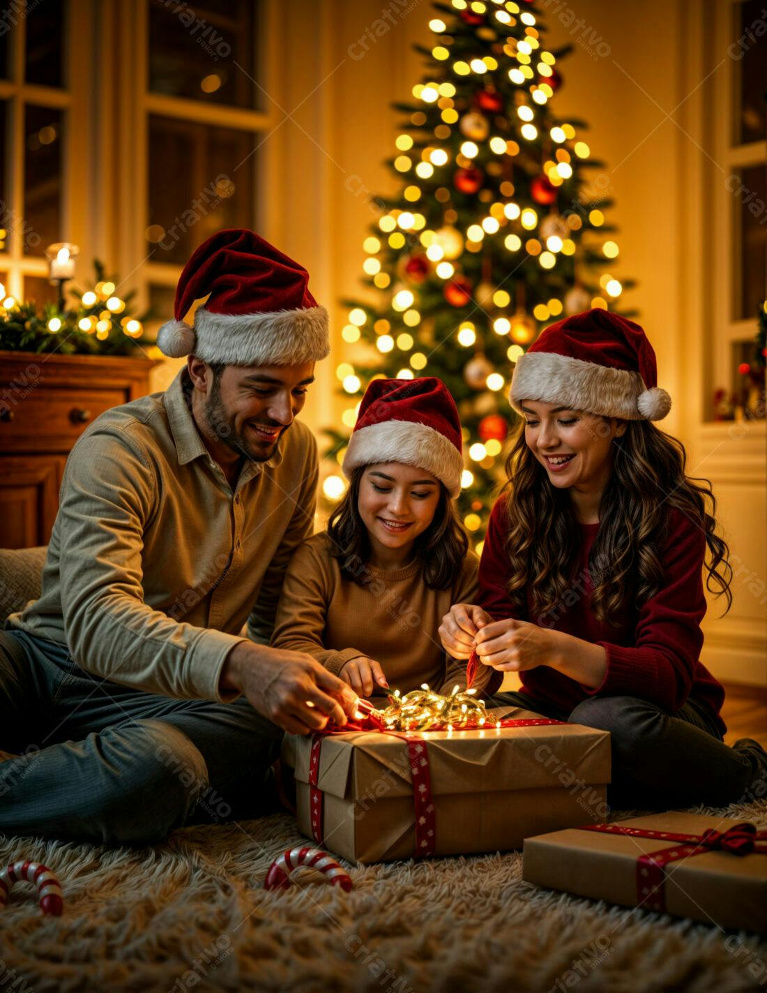 Família decorando presente de Natal