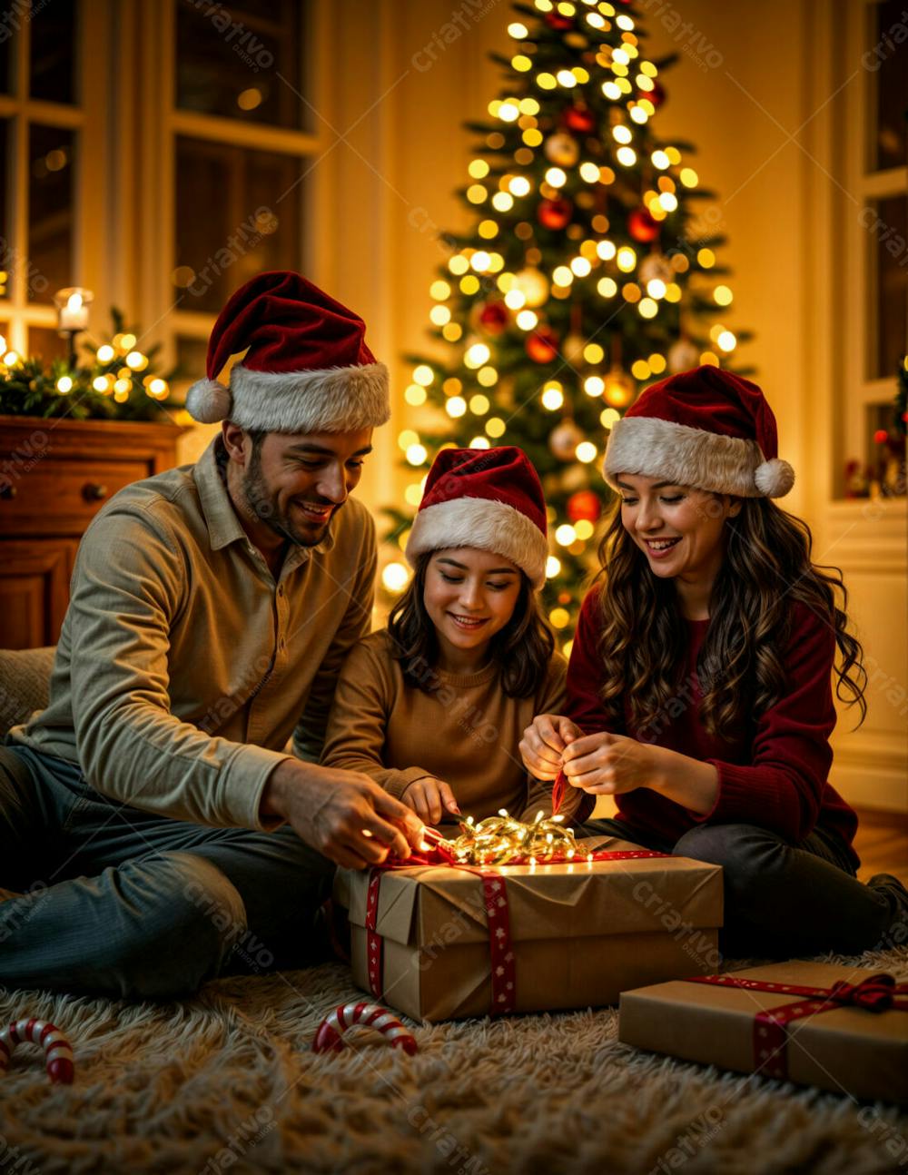 Família Feliz Em Clima De Natal Enfeitando Presente