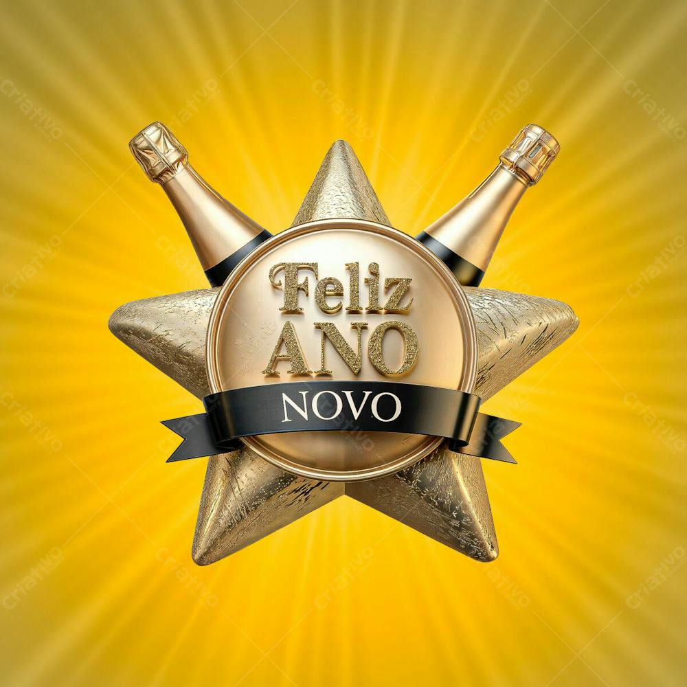 Selo Dourado Com Champagne Dourado E Preto Feliz Ano Novo 3D Psd Editável