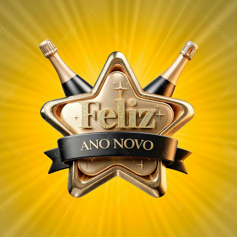 Selo Estrela Dourado Com Champagne Feliz Ano Novo 3D Psd Editável