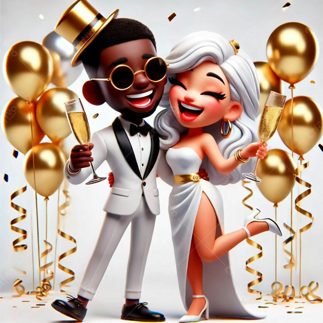 Casal animado brindando em festa de gala