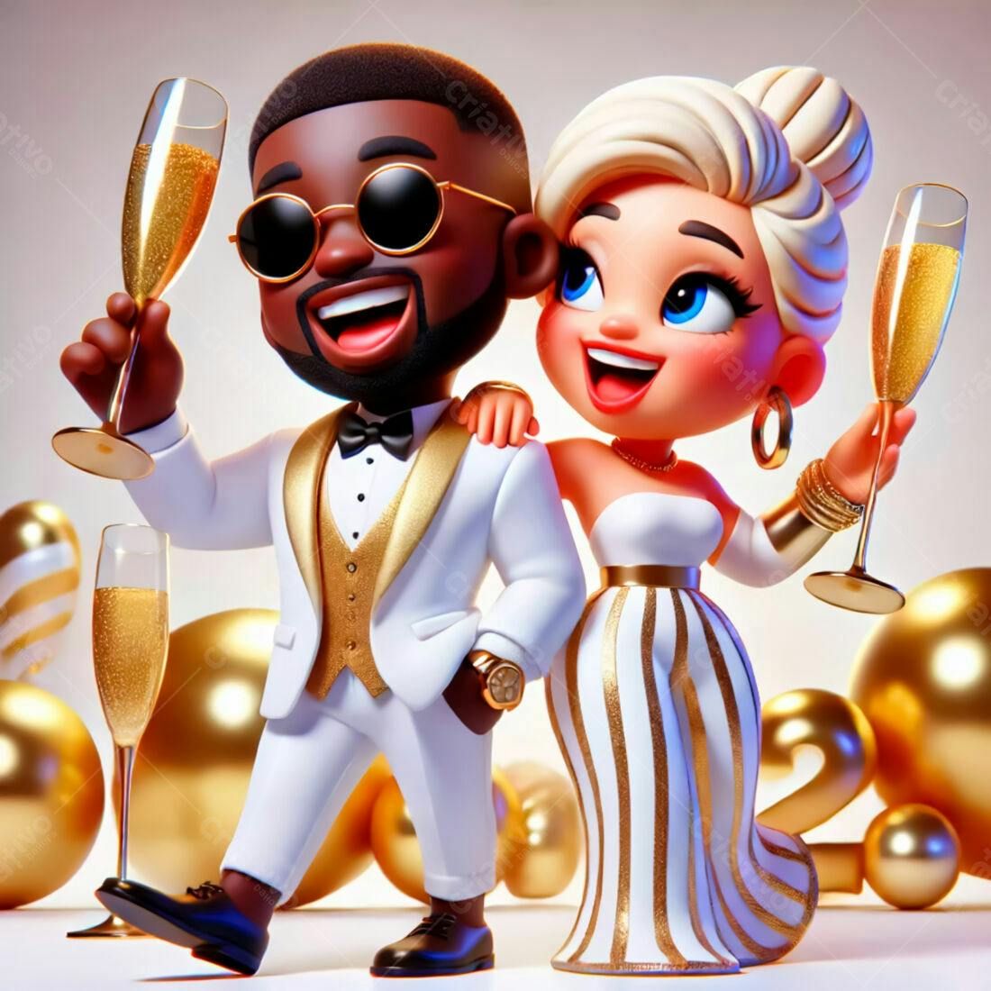 Casal brindando Ano Novo dourado e branco