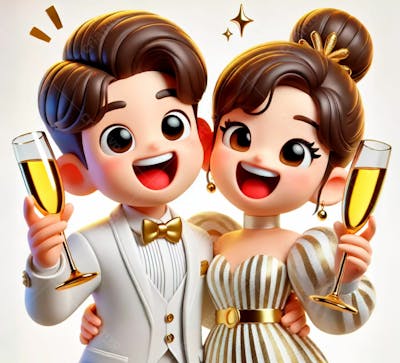 Casal 3D Feliz Segurando Uma Taça De Champanhe Comemorando O Ano Novo