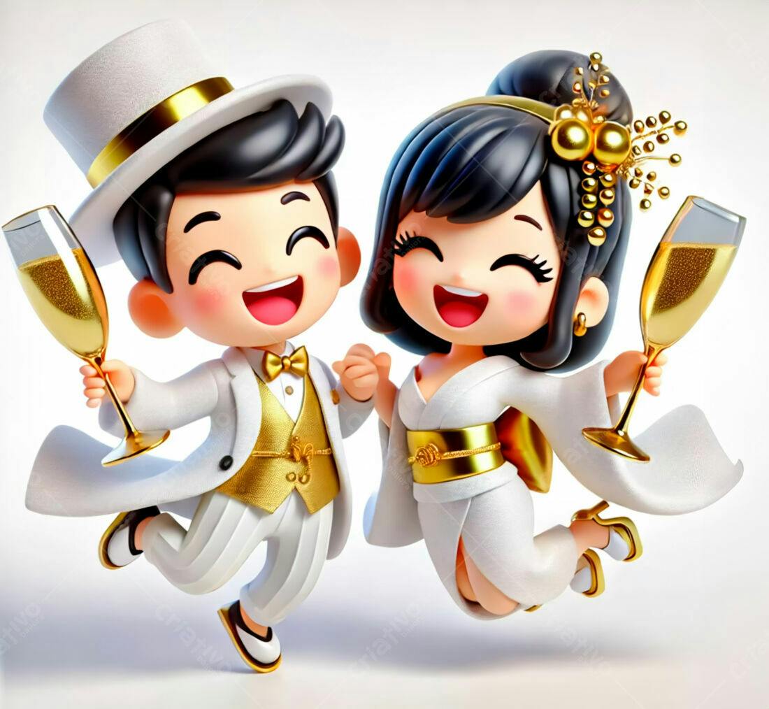 Casal animado brindando em trajes de festa