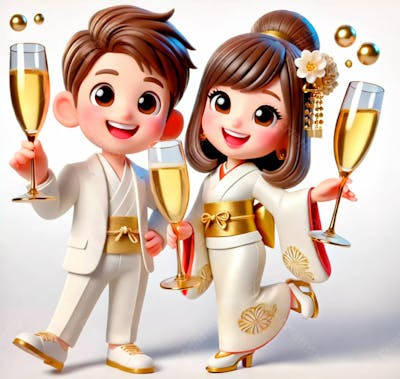 Casal 3D Feliz Segurando Uma Taça De Champanhe Comemorando O Ano Novo