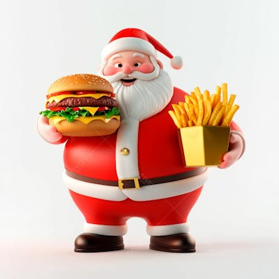 Papai Noel Segurando Um Delicioso Hambúrguer E Batatas Fritas 3D