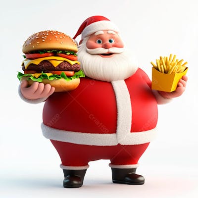 Papai Noel Segurando Um Delicioso Hambúrguer E Batatas Fritas 3D