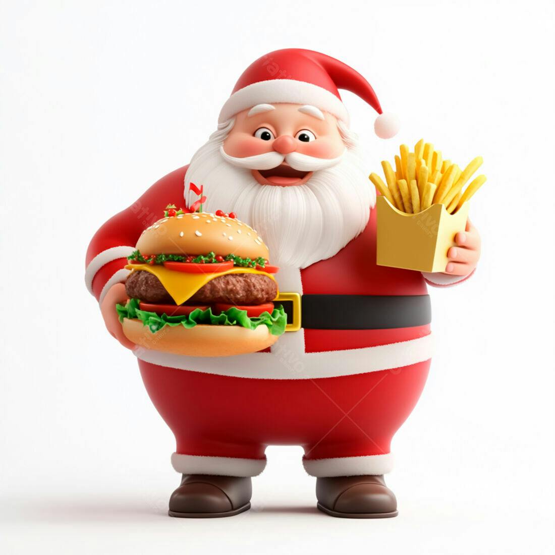 Papai Noel com hambúrguer e batatas fritas