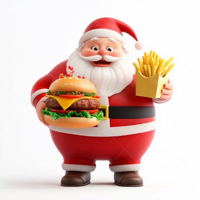 Papai Noel Segurando Um Delicioso Hambúrguer E Batatas Fritas 3D