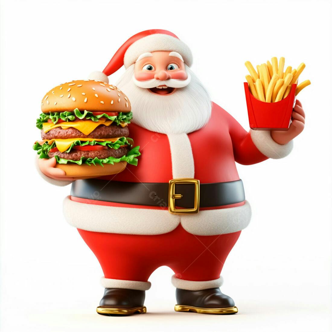 Papai Noel com hambúrguer e batatas fritas