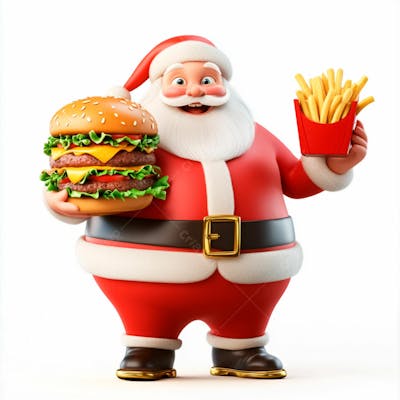 Papai Noel Segurando Um Delicioso Hambúrguer E Batatas Fritas 3D