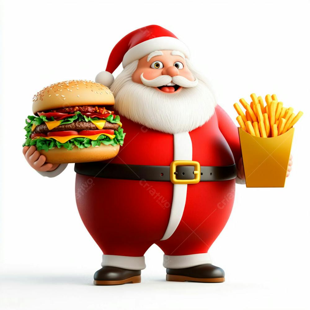 Papai Noel Segurando Um Delicioso Hambúrguer E Batatas Fritas 3D