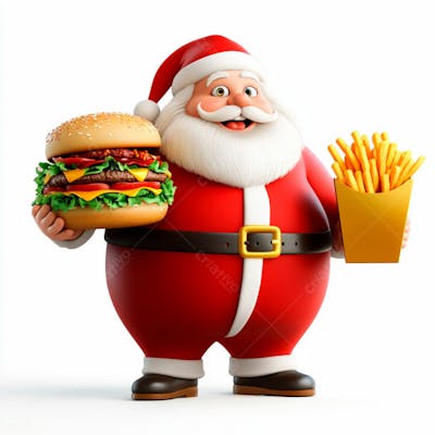 Papai Noel Segurando Um Delicioso Hambúrguer E Batatas Fritas 3D