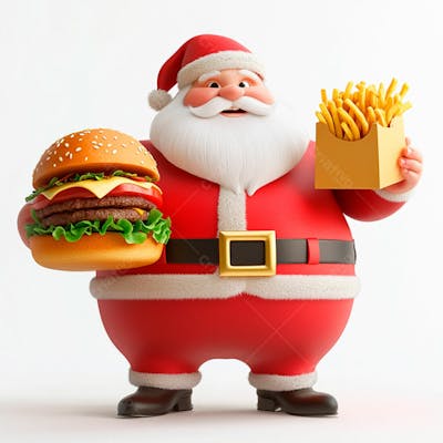Papai Noel Segurando Um Delicioso Hambúrguer E Batatas Fritas 3D