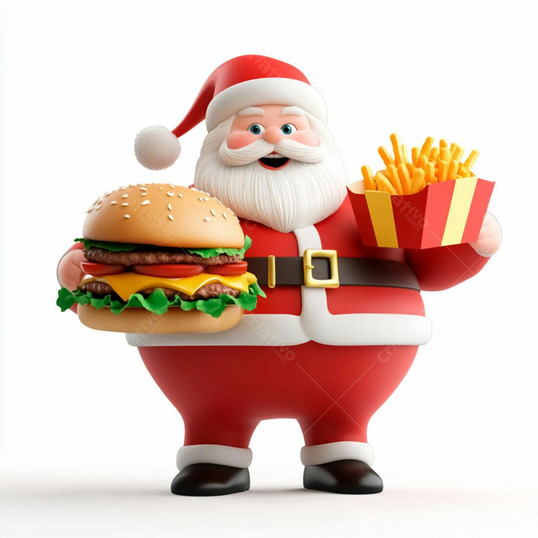 Papai Noel com hambúrguer e batatas