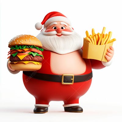 Papai Noel Segurando Um Delicioso Hambúrguer E Batatas Fritas 3D